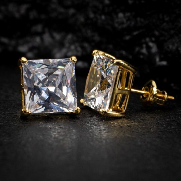 Large Square Princess Cut Yellow Gold Sterling Silver Screw Back Post Earrings - Picture 4 of 5